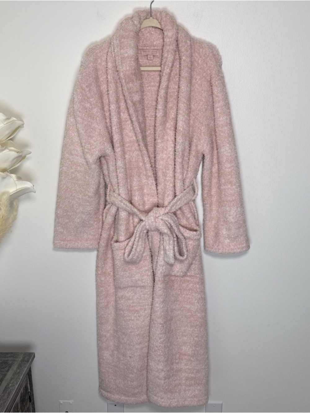 Barefoot Dreams Cozy Chic In Dusty Rose-white Long Robe Size 2 (L/XL) Belted - Picture 2 of 10